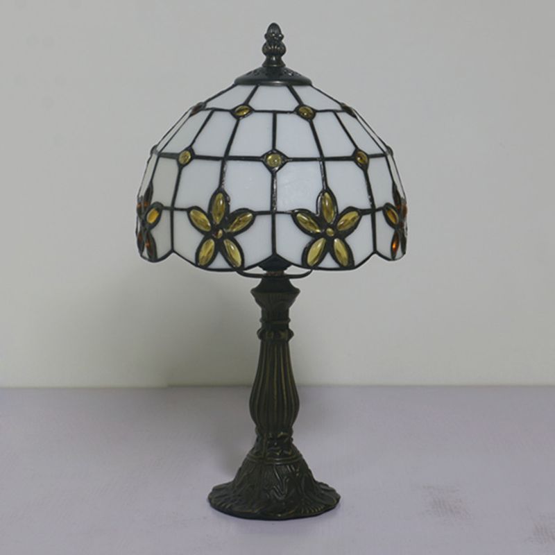 Lattice Bowl White Glass Table Lamp Victorian 1 Light Red/Yellow/Blue Flower Patterned Nightstand Light