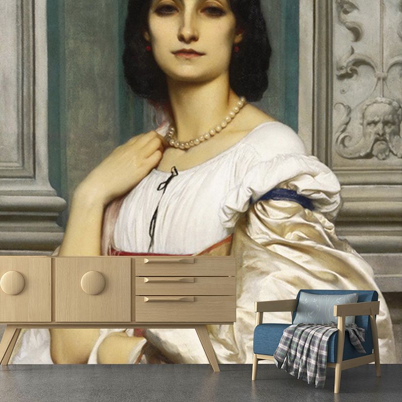 A Roman Lady Portrait Mural White and Brown Retro Style Wall Covering for Accent Wall