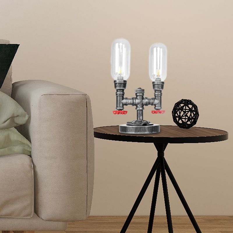 Lámpara de escritorio industrial de 2 luces con pantalla de cápsula de luz de mesa plateada antigua de vidrio transparente/ámbar para sala de estar