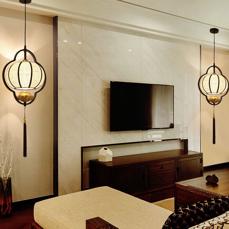 Living Room Ceiling Pendant Light Chinese Black Hanging Light Kit with Pumpkin Fabric Shade