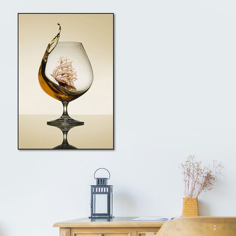 Modernism Canvas Wall Art in Brown Sailboat inside the Wine Glass Wall Decor for Kitchen
