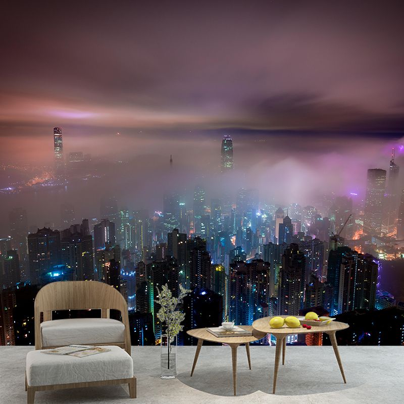 Hongkong City View Mural Bright Stain Resistant Wall Covering for Living Room