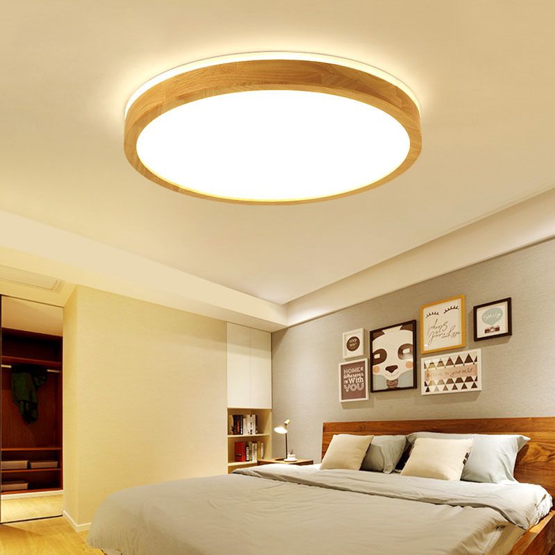 1-Light Wood Flush Mount Led Light Fixture Modern Style Circle Flush Mount Ceiling Lighting
