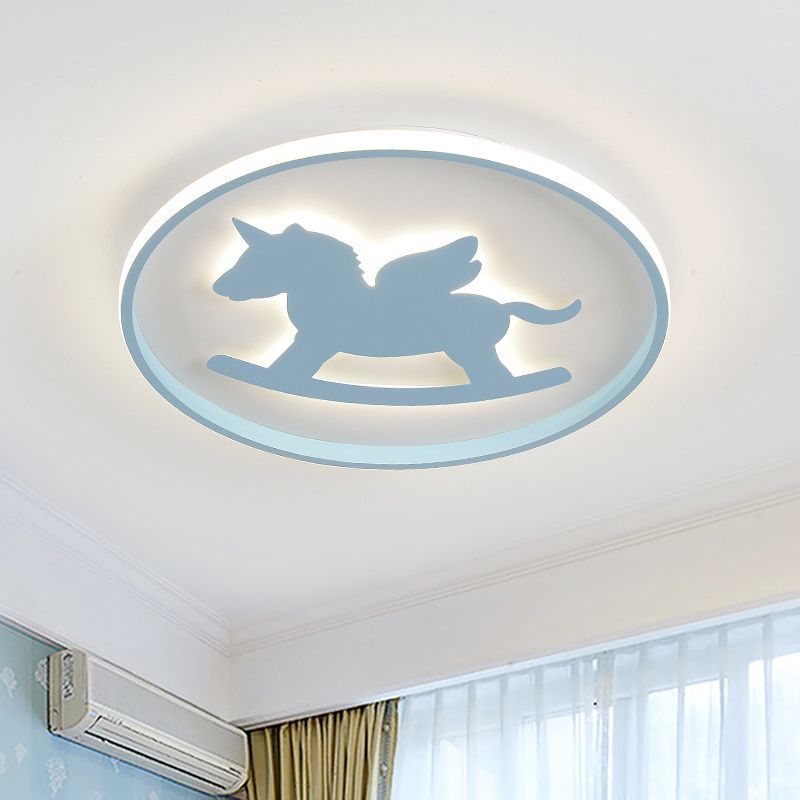 Cartoon LED Flush Mount Lighting Pink/Blue Dinosaur/Carousel Super Thin Ceiling Fixture with Acrylic Shade