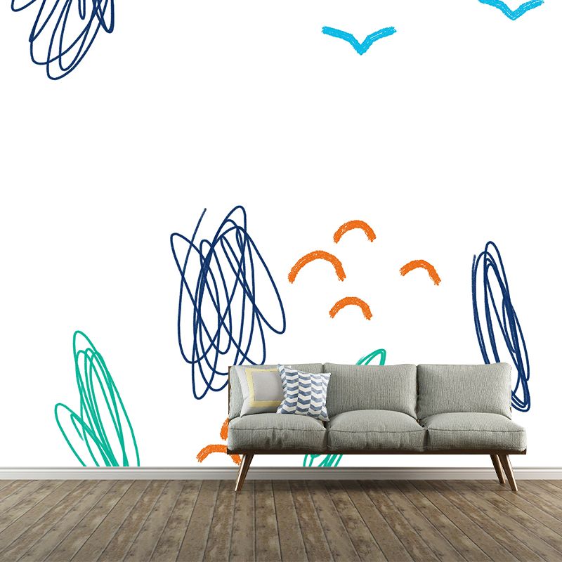 Kids Doodle Seagulls Wall Mural for Kindergarten Customized Wall Decor in Blue-Orange