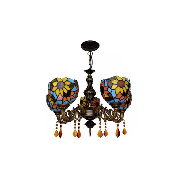 Lodge Dome Hanging Light Stained Glass 5 Heads Sunflower Chandelier with Crystal for Living Room