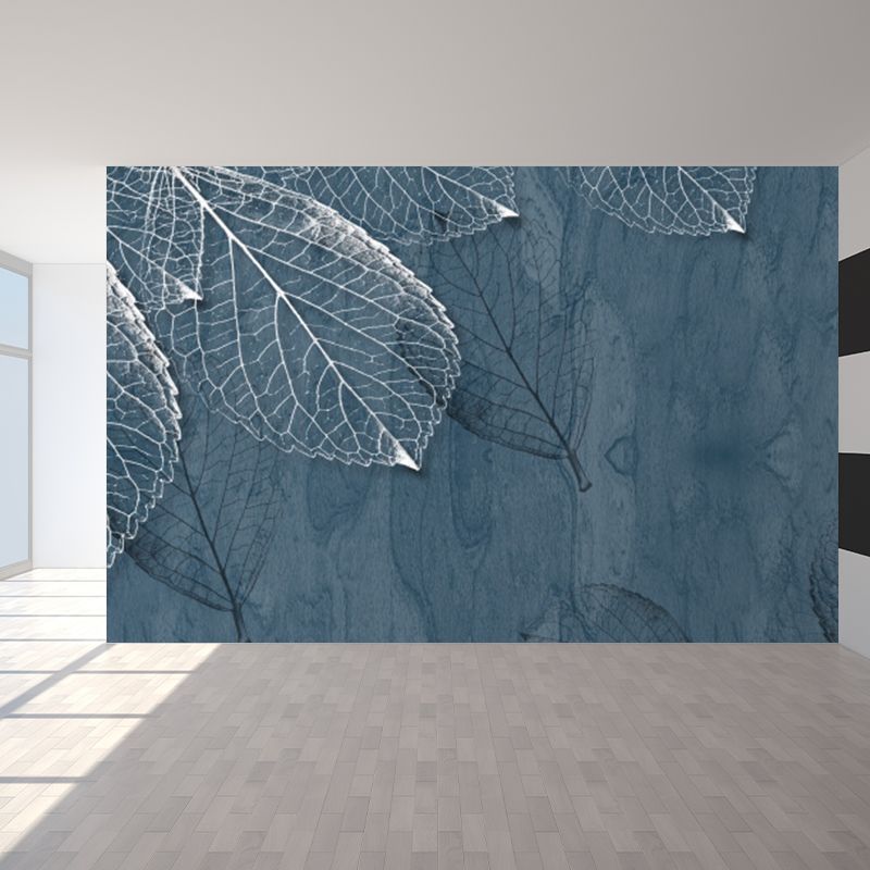 Large Leaves Pattern Mural Wallpaper Tropical Luxuriant Botanical Wall Decor in Grey Blue