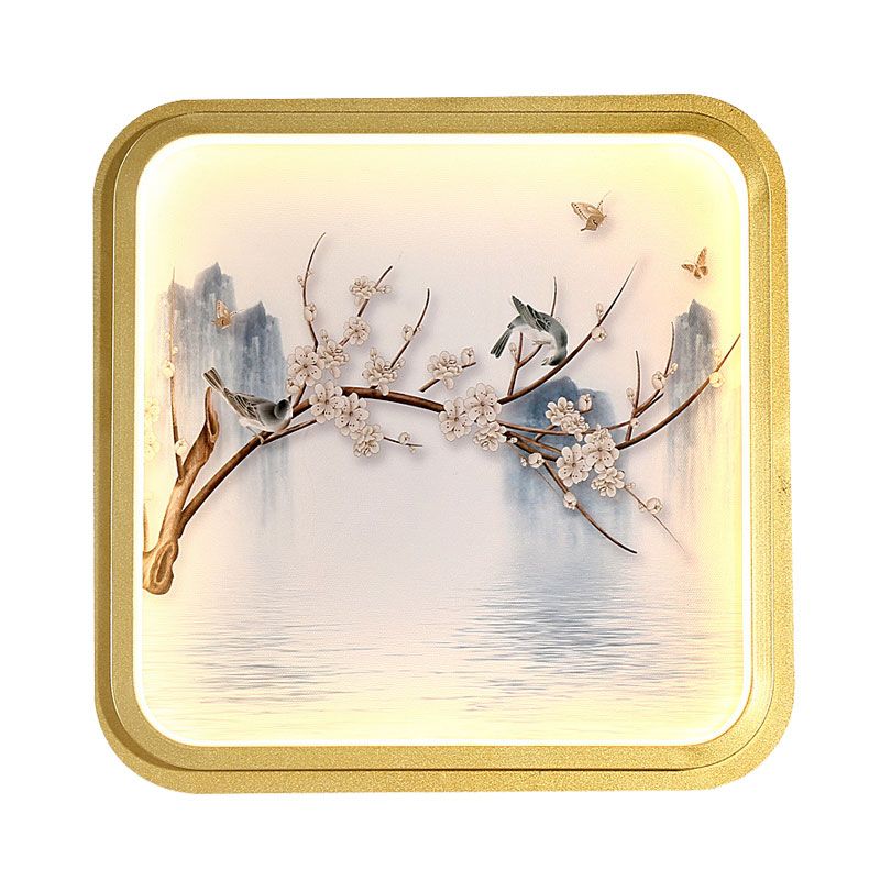 Asia LED Mur Mount Mural Light Gold / Kaki Lac and Flower Branch Painting Gince éclairage avec de l'ombre en tissu