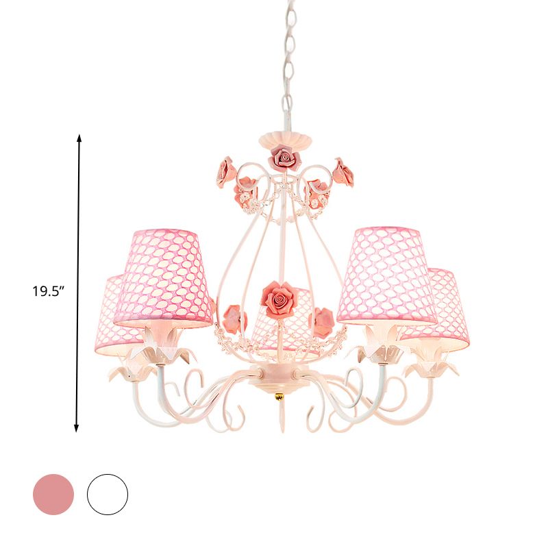 Countryside Barrel Chandelier Lighting Fixture 5 Heads Fabric Pendant Ceiling Light in Pink/White