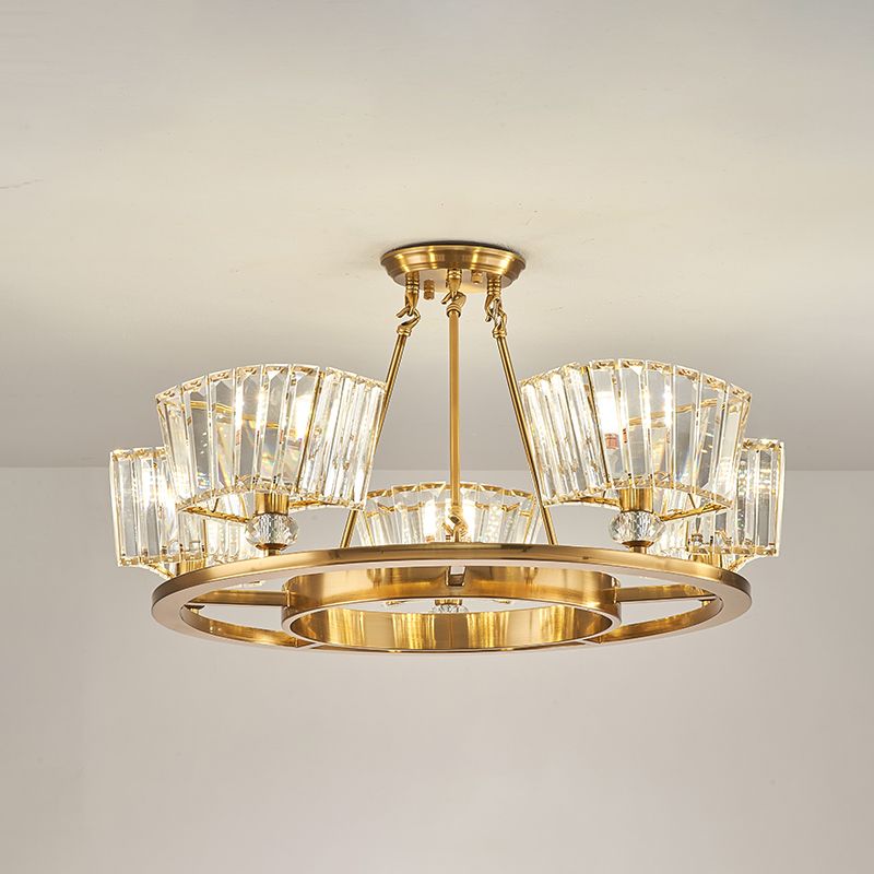 5 Bulbs Ceiling Fixture with Ring Design Contemporary Cubic Clear Glass Shade Semi Flush in Gold