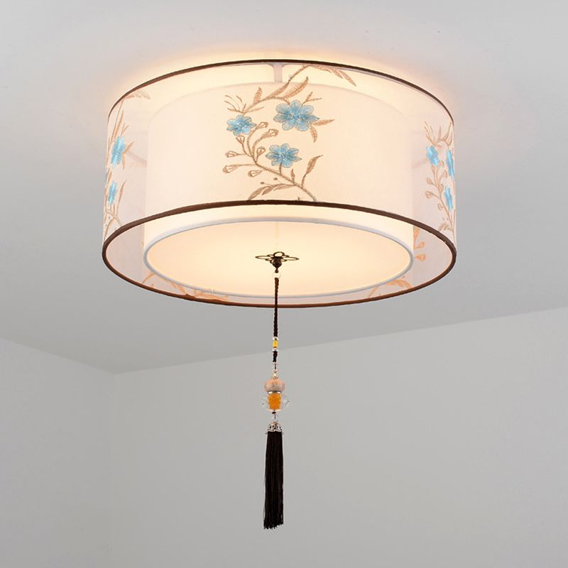White Geometric Flush Mount in Traditional Concise Style Wrought Iron Ceiling Light with Fabric Shade