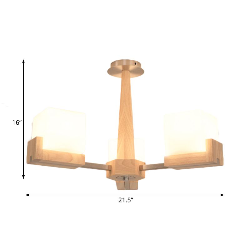 Wood Radial Semi Flush Mount Lighting Modern 3/5/8 Lights Beige Semi Flush Ceiling Lamp Fixture with White Glass Rectangle Shade