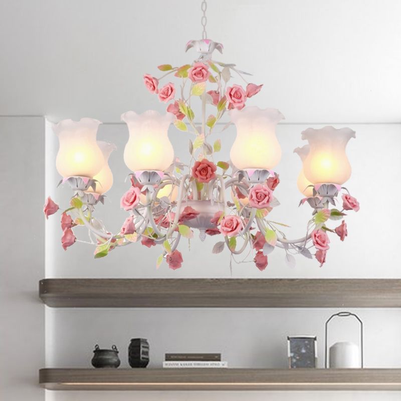 Rose Living Room Ceiling Chandelier Pastoral White Glass 8 Heads Pink Hanging Light Fixture