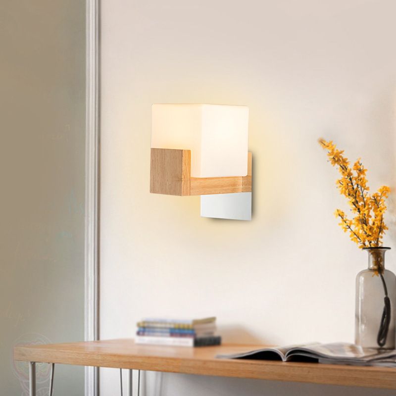 Modern Style Square Shade Wall Light Wood 1 Light Sconces for Bedroom