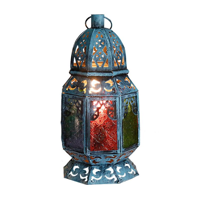 Verouderde kandelaarde bureau licht 1 kop metalen nachttafellamp in blauw met getextureerde glazen schaduw