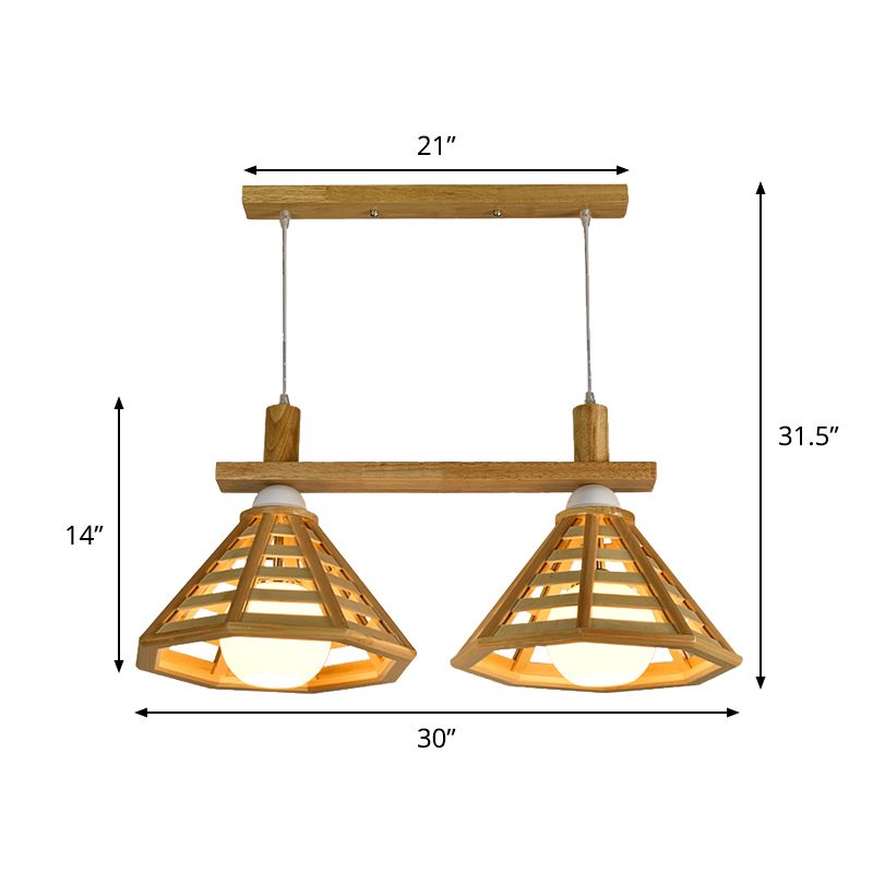 Modernist 2 Bulbs Multiple Hanging Light Beige Polygon Cage Drop Pendant Lamp with Wood Shade