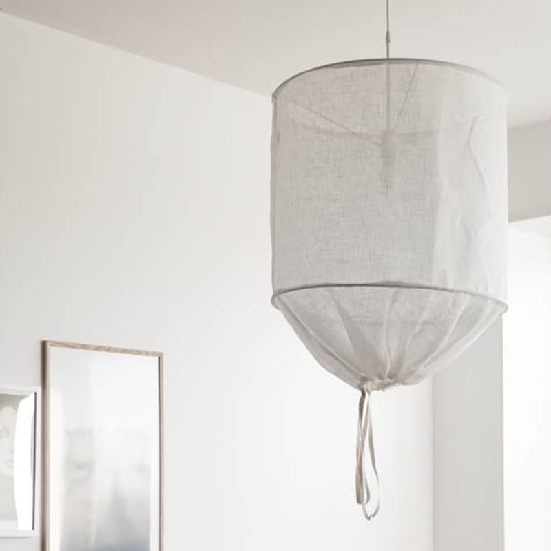 Cylindrical Down Lighting Pendant Minimalist Fabric 1-Light White/Flaxen Ceiling Lamp with Fastener