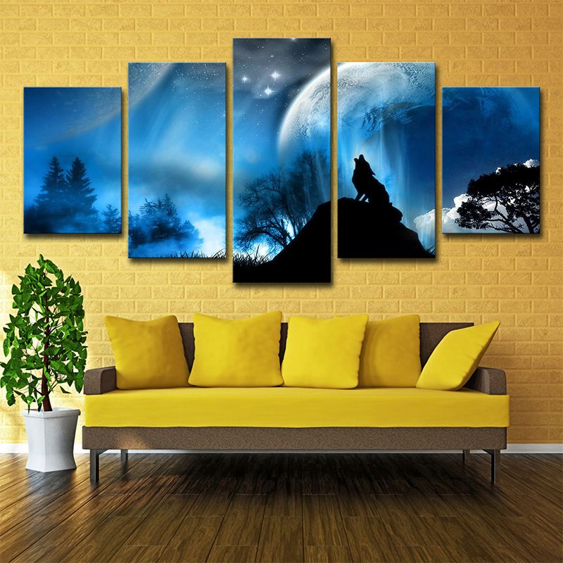 Multi-Piece Blue Canvas Art Kids Digital Print Wolf Howling at the Moon Wall Decor