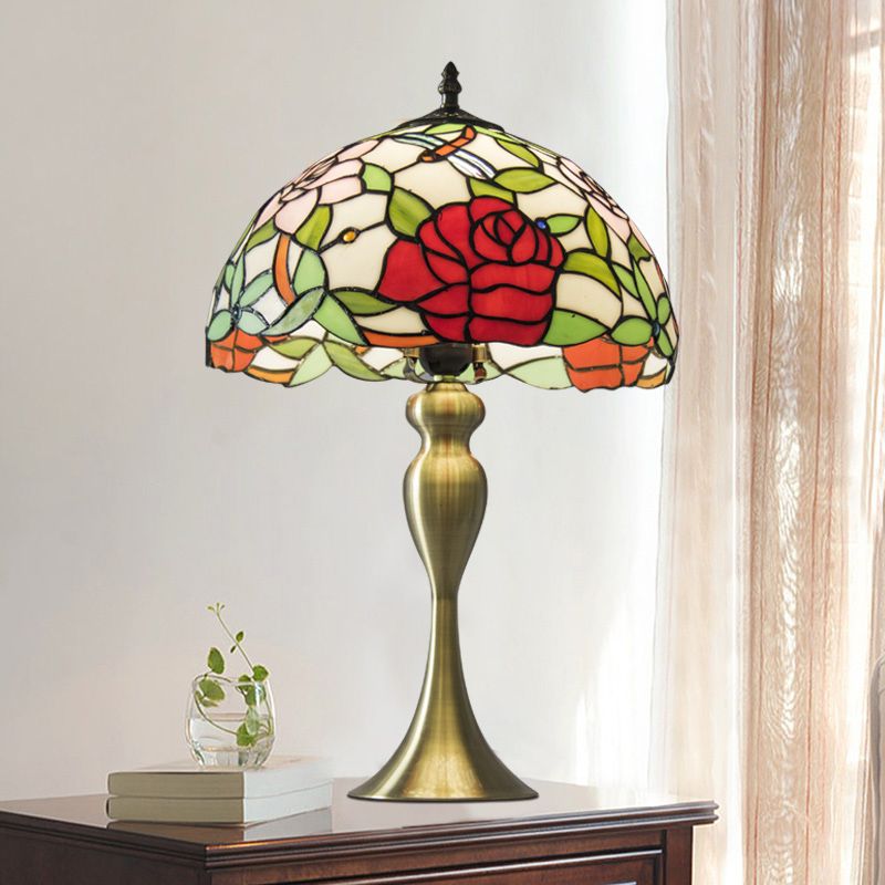 Vintage Dome Table Lamp Single-Bulb Handcrafted Glass Nightstand Lighting with Floral Pattern