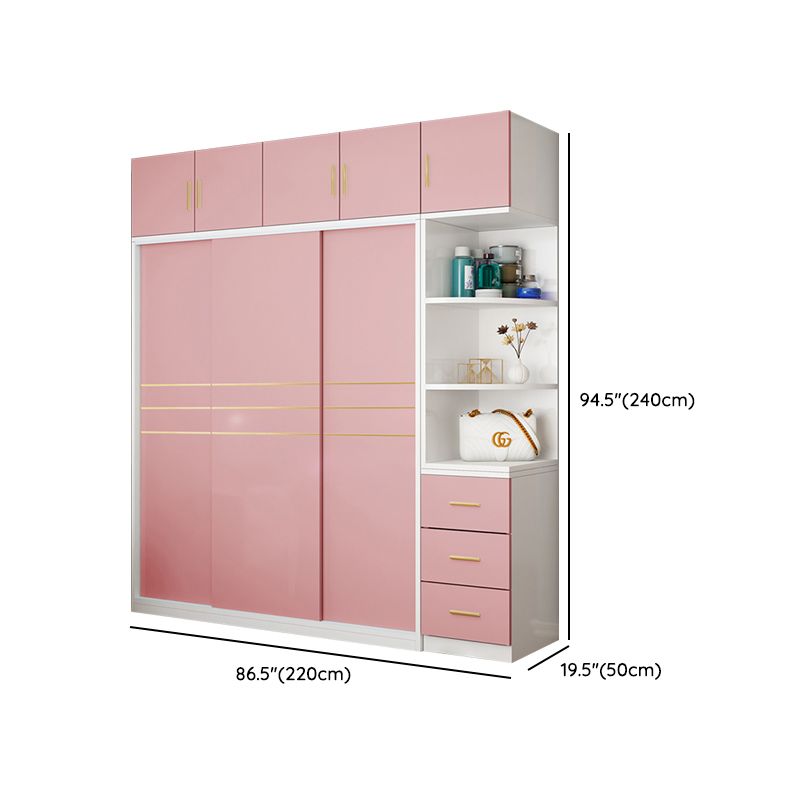 Pink Hanging Clothes Rack Wooden Wardrobe Armoire with Lower Storage Drawers