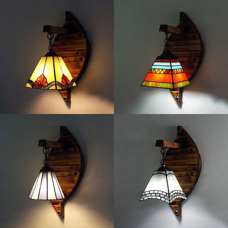 Cone Shape Wall Light Retro Style Colorful Stained Glass 1 Light Wall Sconce Lamp Fixture in White/Light Blue/Light Blue-White/Orange-Red/Yellow/White for Balcony
