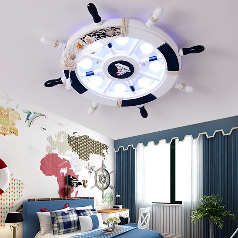 Pirate Ship Rudder Kids Bedroom Ceiling Lamp Wood Mediterranean LED Flush Mount Lighting