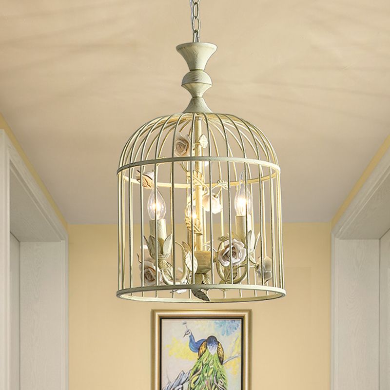Birdcage Metal Hanging Light Fixture Rustic 3/5 Lights Corridor Chandelier Light with White Flower, 12.5"/16" Wide