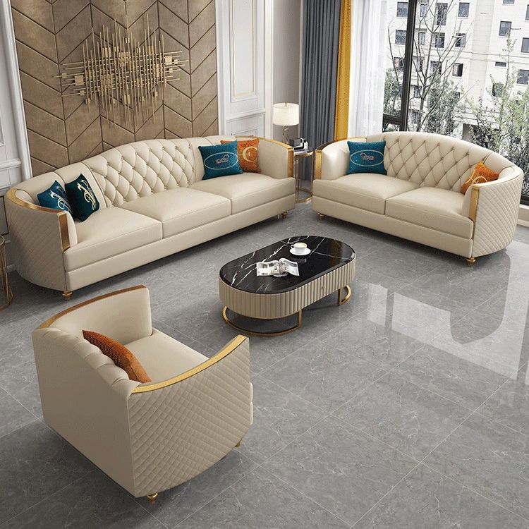 Glam Solid Wood Genuine Leather Tufted Split-Back Sofa for Living Room