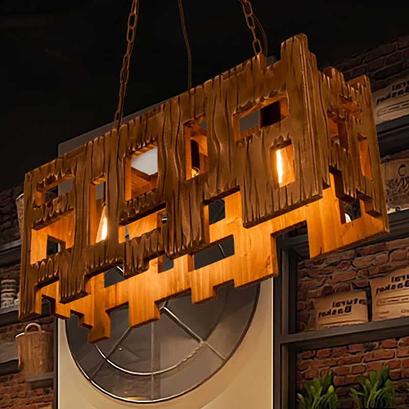 Rectangle Restaurant Island Chandelier Light Wood 2/3 Bulbs Countryside Pendant Lamp with Hollow Out Design in Brown