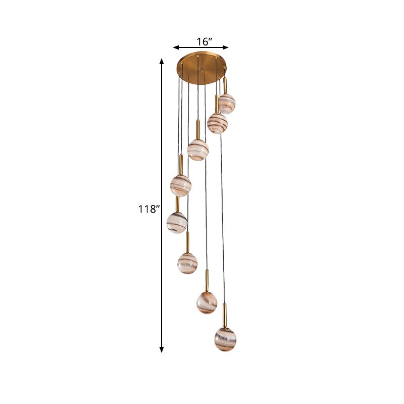 Lámpara de techo colgante de 8 luces colgante de clúster de vidrio marrón marrón moderno con diseño de espiral