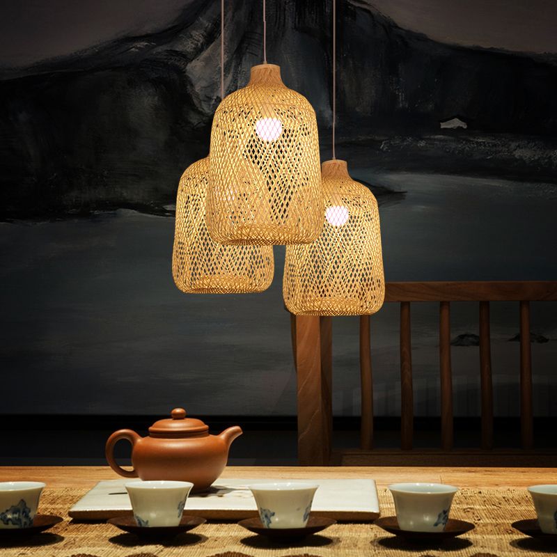 Bird Cage Pendant Light Contemporary Bamboo Single-Bulb Restaurant Suspension Light in Wood