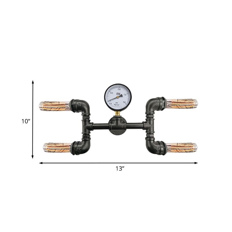 4-Bulb H-Shape Wall Light Sconce Farmhouse Black Iron Wall Mount Lamp with Gauge Deco