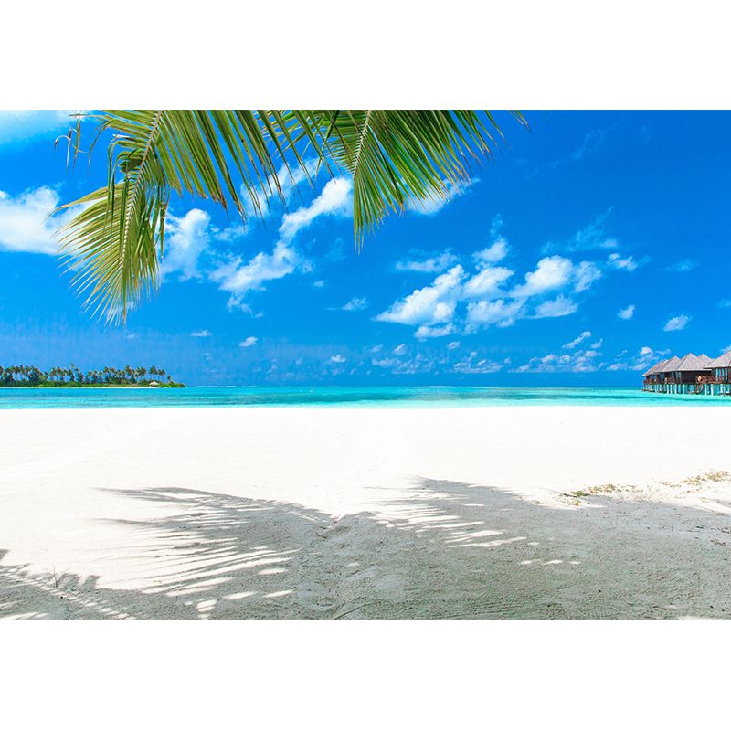 Beach with Palm Tree Mural Bright Tropical Wall Covering for Accent Wall, Custom Size