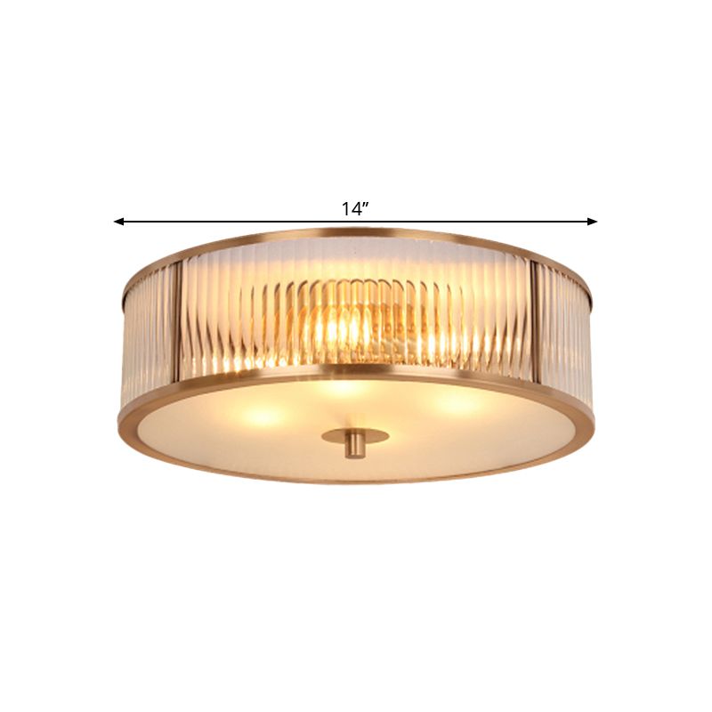 Fluted Drum Bedroom Flush Mount Antiqued Opaline Glass 3 Heads Brass Ceiling Light Fixture