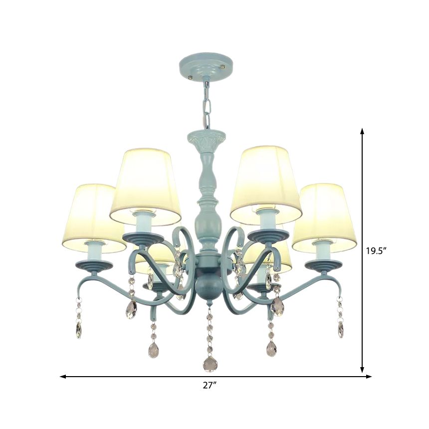 6-Light Tapered Shade Chandelier with Crystal Bead Kids Metal Hanging Light in Blue for Foyer
