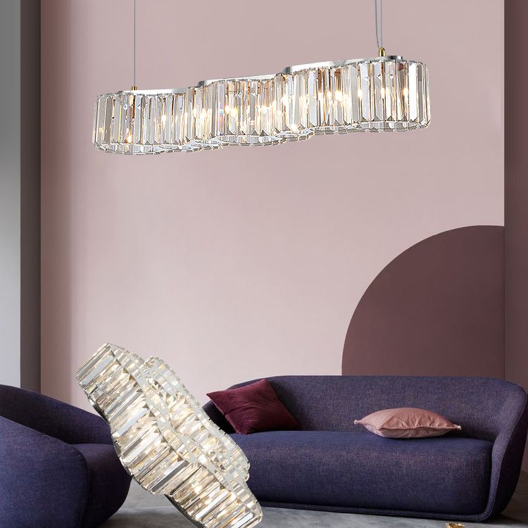 33.5 Inches Wide Crystal Island Light 7 Lights Contemporary Style Dining Table Lighting Fixture with Adjustable Hanging Wire