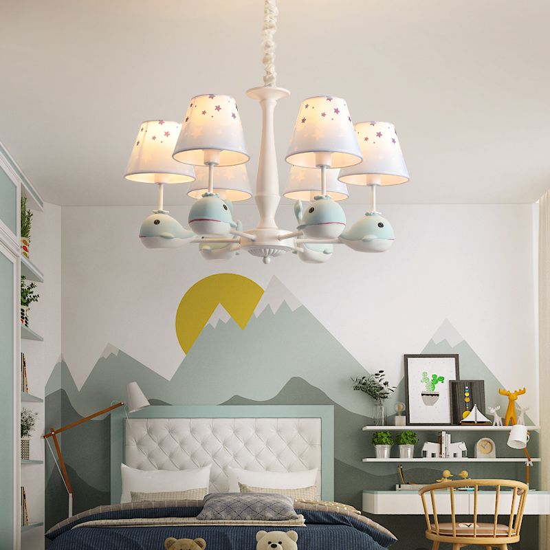 Star Patterned Fabric Chandelier Pendant Light Childrens Light Blue Hanging Light with Resin Dolphin