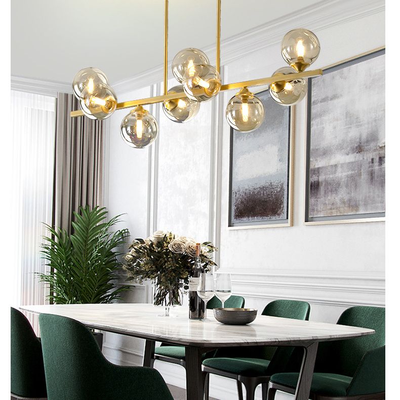 Mid-Century Modern Gold Metal Island Pendant Lighting Spherical Amber Glass Island Ceiling Light for Dining Table