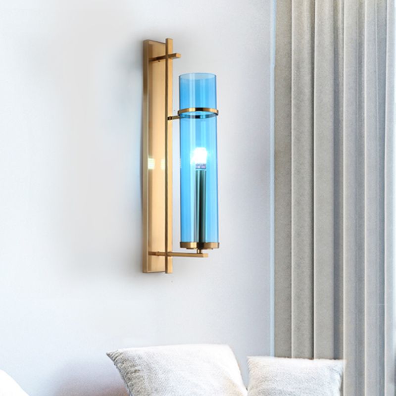 Cylinder Living Room Sconce Blue Glass 1 Head Modernism Wall Mount Light Fixture