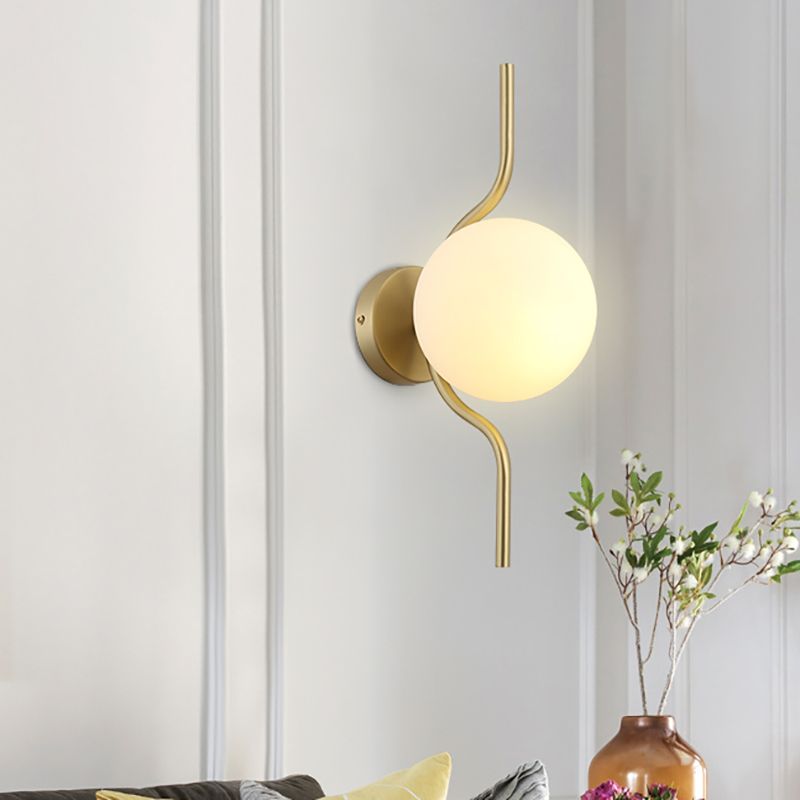 Globe White Glass Wall Mount Light Postmodern 1 Light Sconce Light with Gold Arm and Base