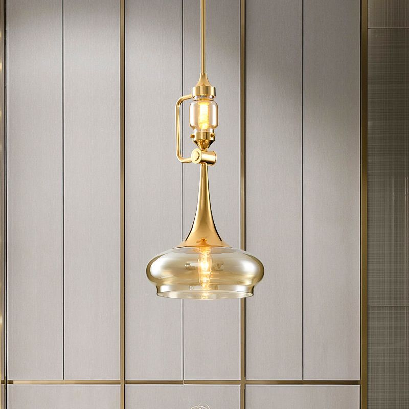 Trumpet Amber Glass Hanging Pendant Colonialism 2 Lights Restaurant Ceiling Light in Gold