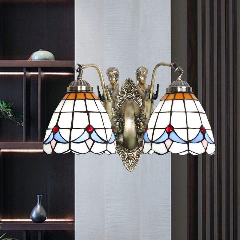 Mermaid Metal Wall Light Baroque 2-Head White/Blue Sconce with Domed Stained Art Glass Shade
