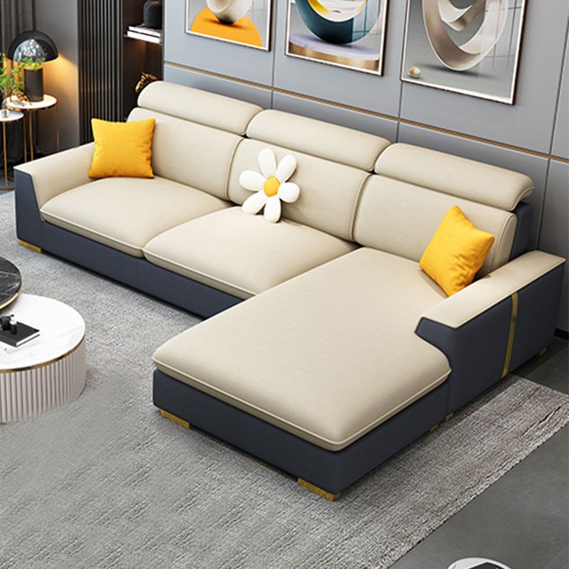 Nordic Grey and Beige Sofa Faux Leather Square Sewn Pillow Back Sofa