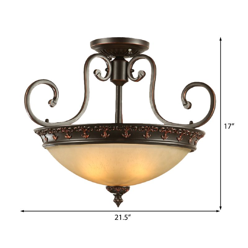 3 Lights Corridor Ceiling Lamp Traditional Brown Semi Flush with Bowl Frosted Glass Shade