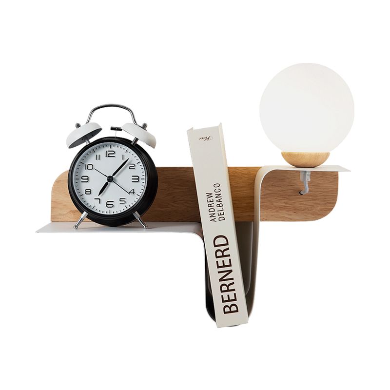 Orb Opal Frosted Glass Sconce Ideas Nordic 1 Bulb White-Wood Wall Mounted Lamp with Shelf, Left/Right