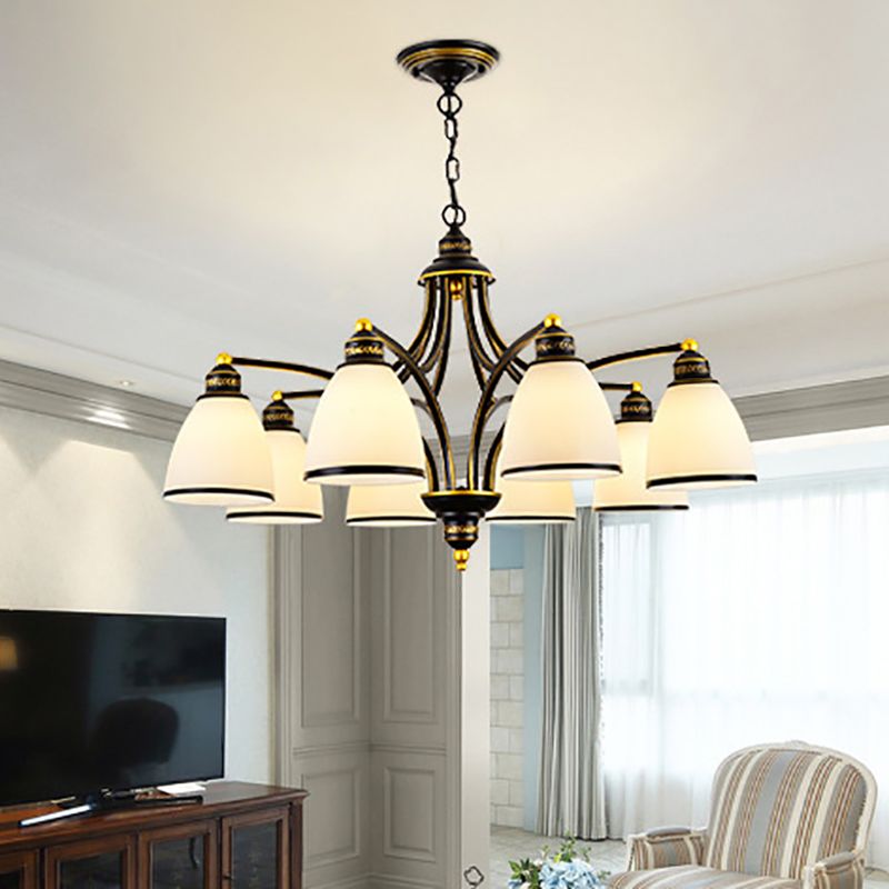 American Style Hanging Chandelier White Glass Shade Chandelier Light Fixture in Black