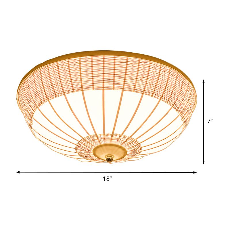 Asian 3 Heads Flush Mount Beige Hemisphere Close to Ceiling Lamp with Bamboo Shade