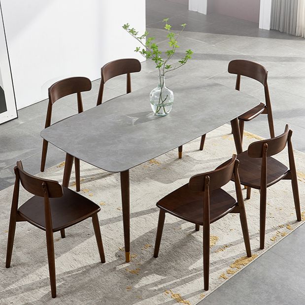 Solid Wood Contemporary Rectangular Dining Table Sintered Stone Top Table with Wood Legs
