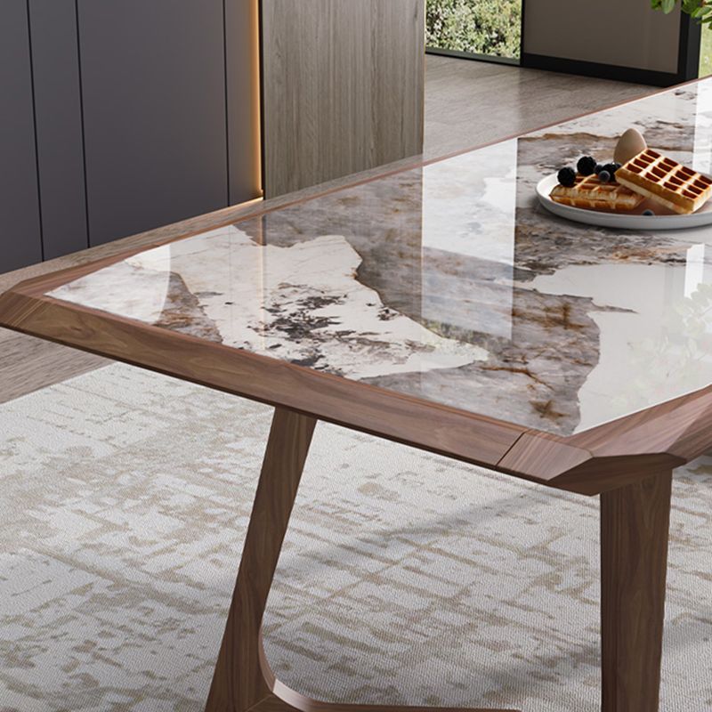 Modern Brown Finish Legs Dining Site Table Stone Top Double Pedestal Table