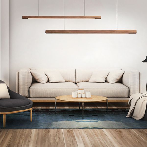 Minimalist 1 Light Wood Island Lamp Linear LED Long Strip Hanging Light